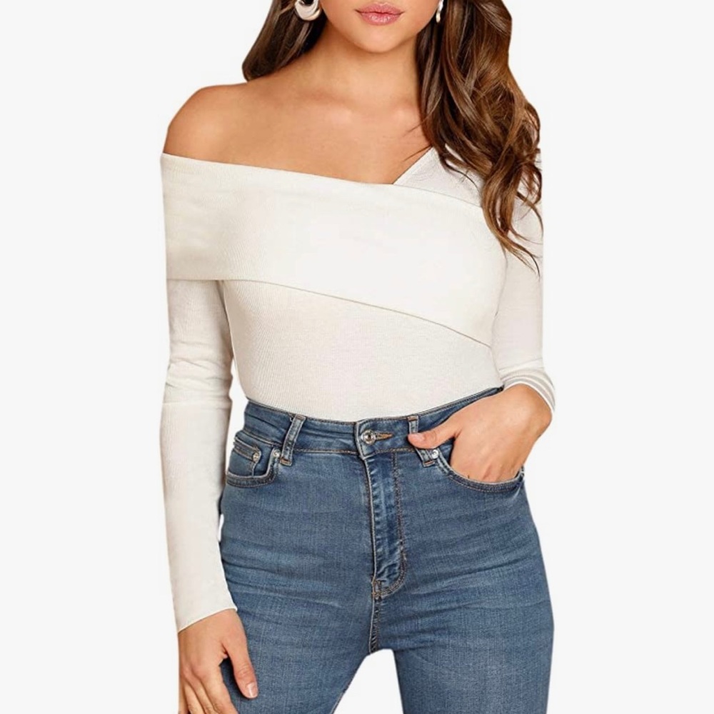 Slim Cross Wrap Asymmetrical Neck Ribbed Cropped Sweater